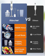 Immersion Blender Handheld 1000W 5 in 1 Corded Stick Hand Blender Kitchen with 12 Speed, BPA-Free, Mixing Beaker, Chopper, Whisk, Milk Frother, Perfect Emulsifier for Soup, Baby Food, Sauce, Puree