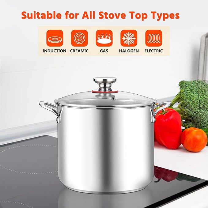 E-far 12-Quart Stock Pot, 18/10 Stainless Steel Stockpot with Lid for Cooking Simmering Soup Stew, Heavy Duty Cookware Works w/Induction, Non-toxic & Corrosion Resistant, Dishwasher Safe