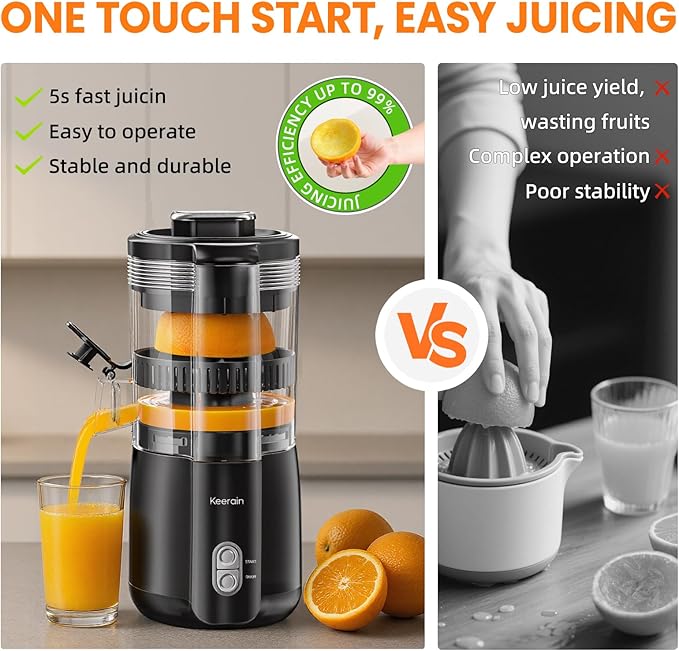 Keerain Electric Orange Juicer, Hand-Free Citrus Juicer Machine with Cleaning Brush, High-Performance Automatic Juice Squeezer for Lemon, Lime, Grapefruit, Pomegranate, Easy to Clean & Use