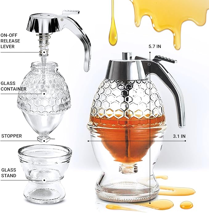 Glass Honey Dispenser – No Drips, No Trails Honey Container 8 Oz with Stand – Easy to Clean Honey Pot – Honey Jar with Dipper – Maple Syrup Dispenser – Syrup Holder with Honeycomb Design