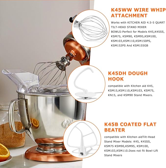 Stand Mixer Attachments 3-Piece Kit -Replace for Kitche.n aid Accessories K45WW Wire Whip/ K45DH Dough Hook /K45B Coated Flat Blade Paddle with Scraper -Stainless Steel by TOMOON