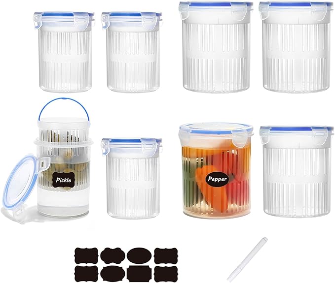 Jalapeno Container with Strainer Pickle Container with Strainer Large Pickle Jar Leak Proof and Lock It Lid 8 Pack (4S & 4M)