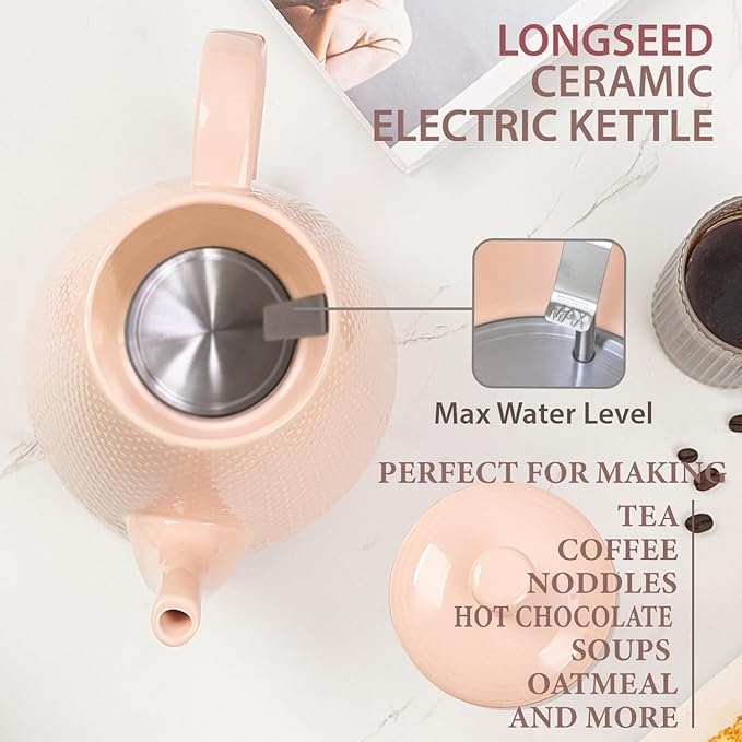 1.2 Liters Ceramic Electric Kettle Pot, Boil Water Quickly and Easily with Boil-Dry Protection, Auto Shut Off, Detachable Swivel Base, Graceful Gooseneck Teapot 1000W, Pink
