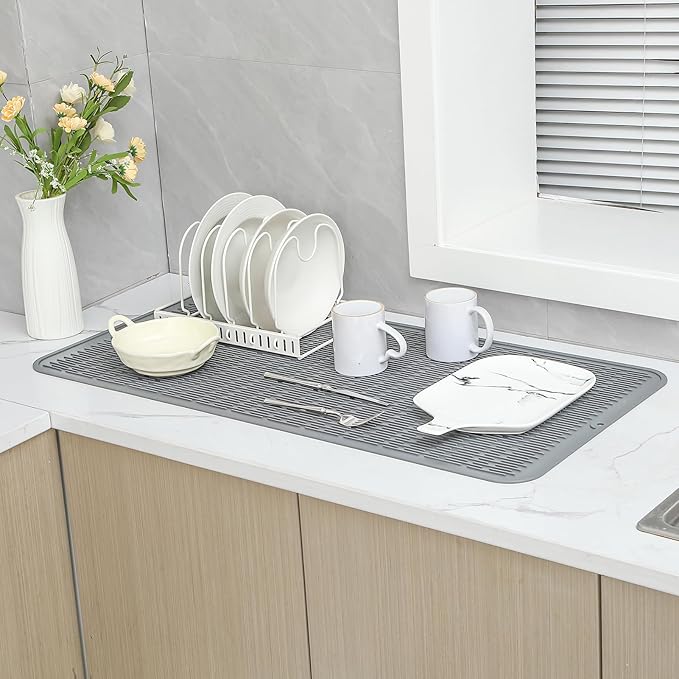 Silicone Dish Drying Mat for Multiple Usage,Easy clean,Eco-friendly,Heat-resistant Silicone Mat for Kitchen Counter or Sink,Refrigerator or Drawer Liner Grey 5XL 36inches x 18inches