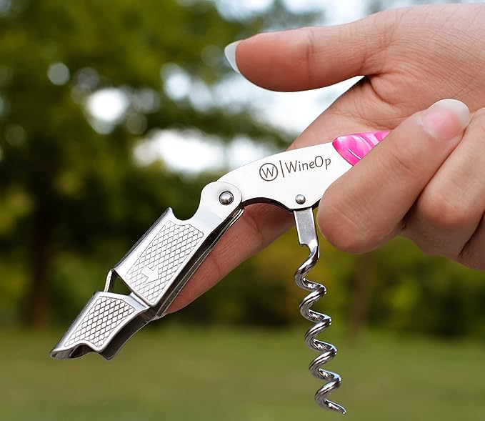 WineOp Professional Wine Opener Luxury Double Hinged Waiter's Corkscrew Wine Bottle Key - Cork screwer for Servers, Bartenders, Sommelier and Home Use | All-In-One Stainless Steel (Pink Resin)