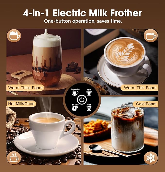 Milk Frother and Steamer, Detachable Electric Milk Frother, Large Capacity Automatic Milk Steamer with LED Touch, Hot & Cold Foam Maker for Coffee, Latte, Cappuccino, Hot Chocolate, Quiet Operation