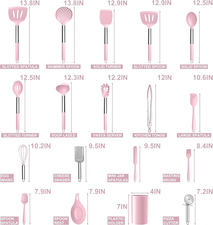 E-far Silicone Cooking Utensils Set, 30 Pcs Heat Resistant Kitchen Utensils with Stainless Steel Handle, Heat Resistant Kitchen Spatulas Turner Tong Spoon Whisk Ladle for Nonstick Cookware, Pink
