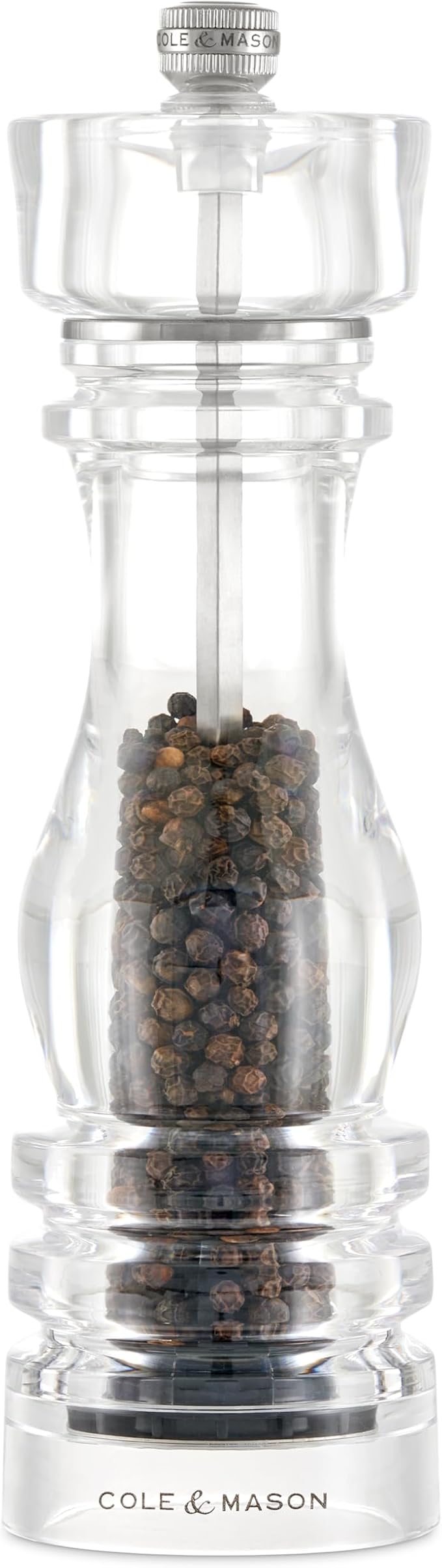 Cole & Mason London Refillable Spice Mill - Kitchen & Home Accessory - Table Black Pepper Grinder - Pepper Mill with Carbon Steel Mechanism - 8", Acrylic