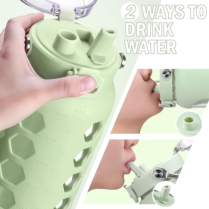 MUKOKO 64oz Glass Water Bottles with Straw and Lid,Half Gallon Water Bottle with Time Marker,Large Glass Water Jug with Silicone Sleeve and Stainless Steel Handle-Green