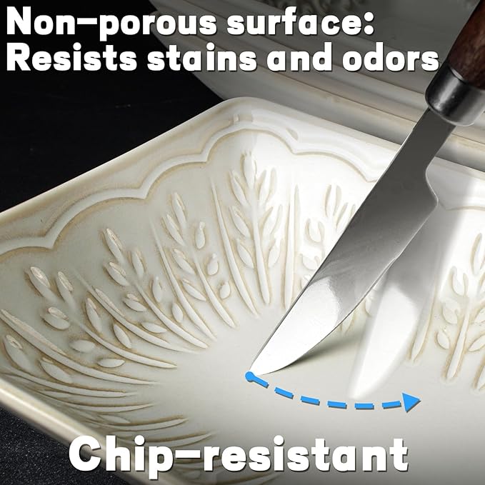 Artena Ceramic Pasta Bowls Set of 4-9.85 Inch Large Salad Bowls, 25 oz Serving Bowls for Soup, Dinner & Party - Embossed Microwave Safe Kitchen Dishes, Rectangle Plates (Wheat Leaf)