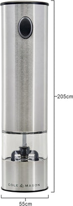 Cole & Mason Battersea Electronic Salt & Pepper Mill - One-Button Salt & Pepper Grinder - Refillable & Adjustable Salt & Pepper Shakers - Kitchen Accessories - Stainless Steel - 1 Pack