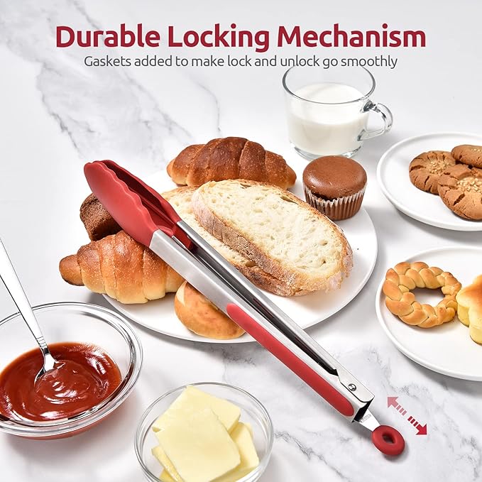 600ºF Heat Resistant Kitchen Tongs: U-Taste 12 inch Large Silicone Cooking Tong with Sturdy Non Stick Rubber Tips & Silicon Coated 18/8 Stainless Steel Handle & Smooth Locking for Serving Grill (Red)