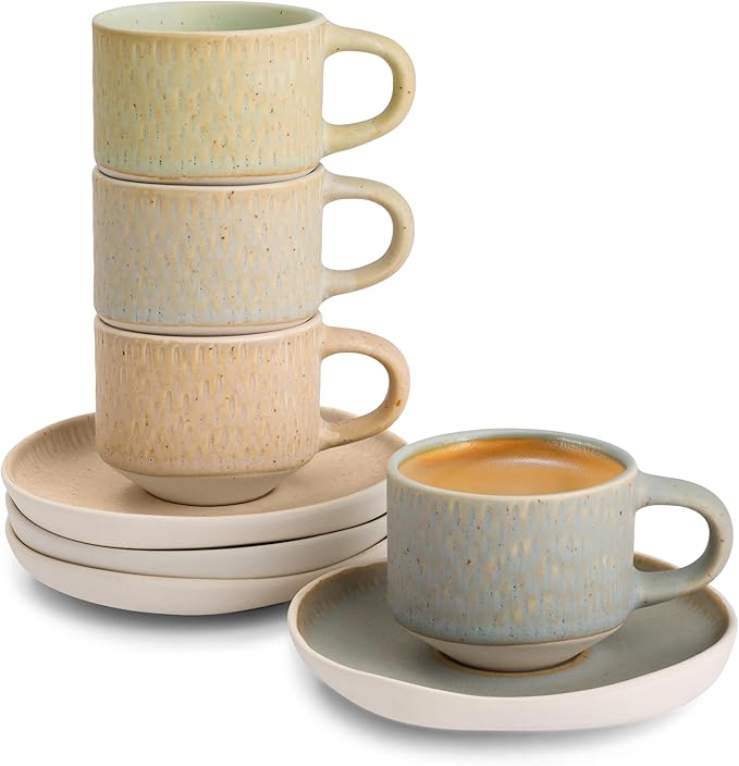 KooK Espresso Mug and Saucer Set, Ceramic Cups and Plates with Rustic Organic Shape and Feathered Texture, Dishwasher and Microwave Safe, 2.7 oz, Set of 4, Neutral Multicolor