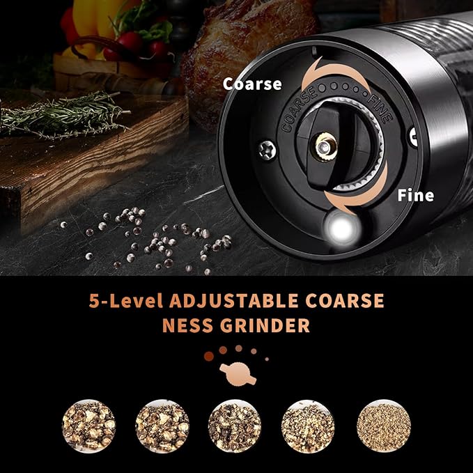 Electric Salt and Pepper Grinder Set, Rechargeable Pepper Grinder LED lights, Stainless Steel Automatic Salt and Pepper Mill Set, Refillable with 5 Adjustable Coarseness Silver