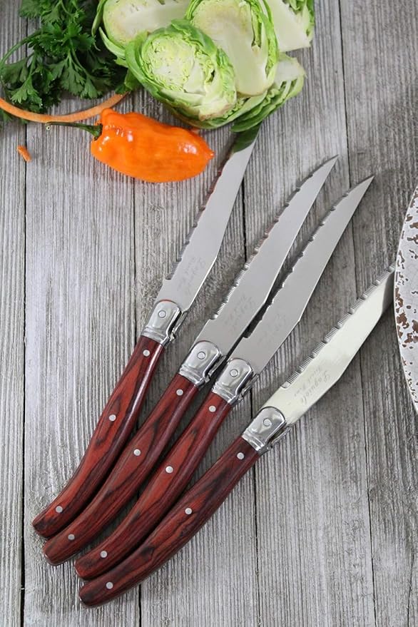 French Home Laguiole 4-Piece Steak Knife Set – Sophisticated Stainless Steel Dinner Knives with Pakkawood Handles & Iconic Bee Emblem – Serrated Knives for Smooth Cutting (9.25")