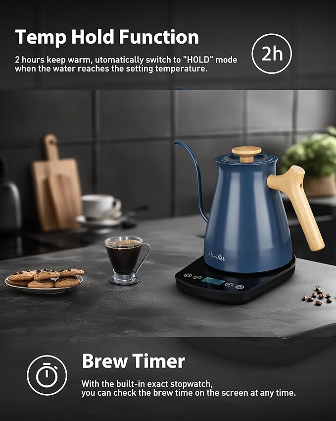 Harriet Gooseneck Electric Kettle - 1200W Fast Heat, 0.8L Stainless Steel, Precision Temp Control & Timer, Wood Handle, Pour Over Coffee and Tea, Blue