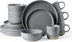 Famiware Milkyway Stoneware Dinnerware Sets with Mugs, Service for 4 (16pcs), Plates and Bowls Sets, Scratch Resistant, Microwave and Dishwasher Safe Dishes Set, Dark Gray