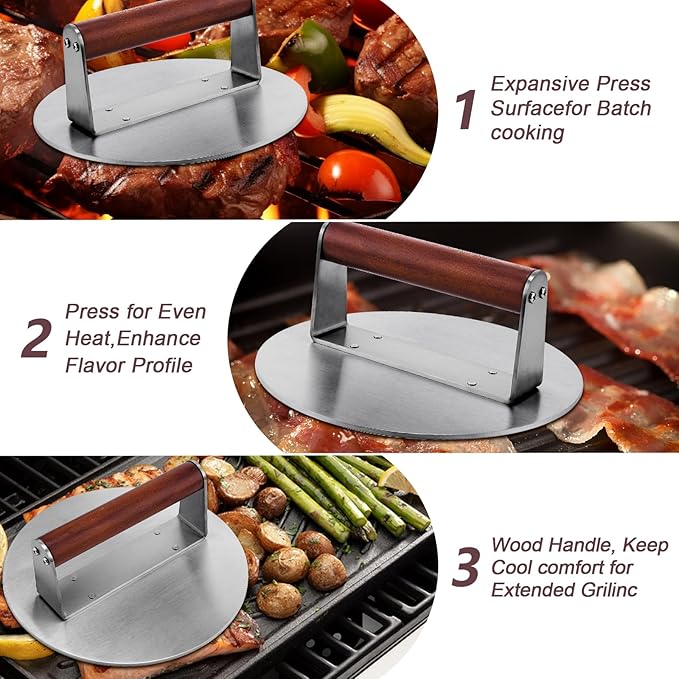 Extra Large Stainless Steel Burger Press, 8.5" NonStick Hamburger Smasher Tool & Grill Press, 2.5 lbs Heavy Duty Bacon Press with Wood Handle for Blackstone Camp Chef Pitboss Weber Griddle Grills