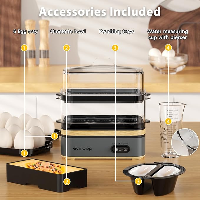 Evoloop Rapid Egg Cooker Electric 12 Eggs Capacity, Soft, Medium, Hard Boiled, Poached, Omelet Maker Egg Poacher & Vegetable Steamer, BPA Free Tray(Grey)