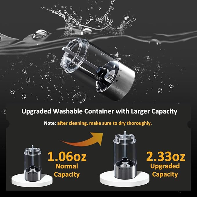 Electric Salt and Pepper Grinder Set Rechargeable, Auto One-handed Operation Pepper Mill with LED Light, EXT. Coarseness Adjustment, 2-Speed Control, Stainless Steel Salt Shakers (2 Pack)