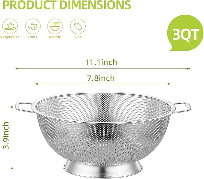 3Qt Metal Colander with Handle, Stainless Steel Strainer for Kitchen, Mesh Strainer for Washing Pasta, Spaghetti, Berry, Fruit, Vegetable, Rice Washer, Fast Draining, Dishwasher Safe