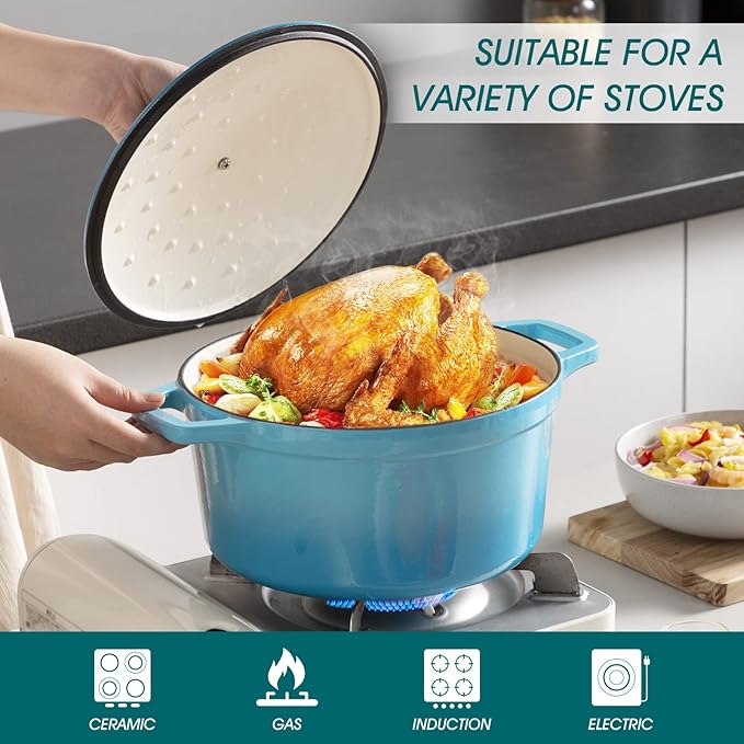 vancasso 6 QT Enameled Cast Iron Dutch Oven With Lid - Round Blue Pot With Non-Stick Enamel Coating for Bread Baking