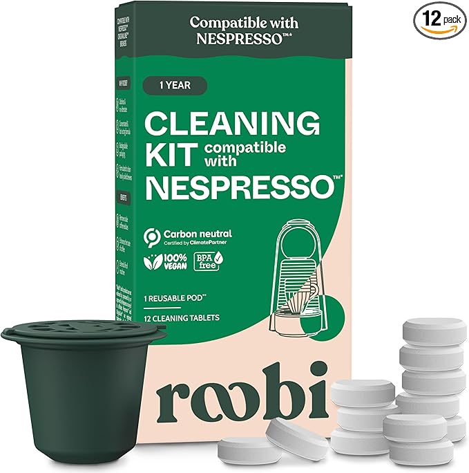 Roobi Cleaning Pods Compatible with Nespresso. Includes 1 Reusable Pod & 12 Cleaning Tablets. Specially Formulated for Originaline Machines. 1 Year Supply.