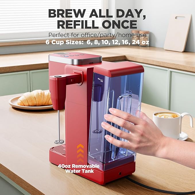 Single Serve Coffee Maker with Built-in Detachable Milk Frother, Iced and Hot Coffee Machine for K Cup & Grounds, 40oz Removable Water Reservoir, 6 Cup Sizes, Fits 7.3" Travel Mug, Red