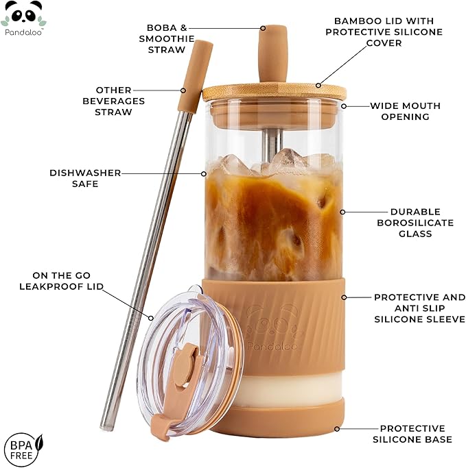 Pandaloo® Glass Cups With Lids and Straws -20 Fl Oz- Perfect Size Iced Coffee Cup - Smoothie Cup With Bamboo Lid and On the go Lid - Glass Tumbler With Straw (1 Count (Pack of 1), Amber Sand)