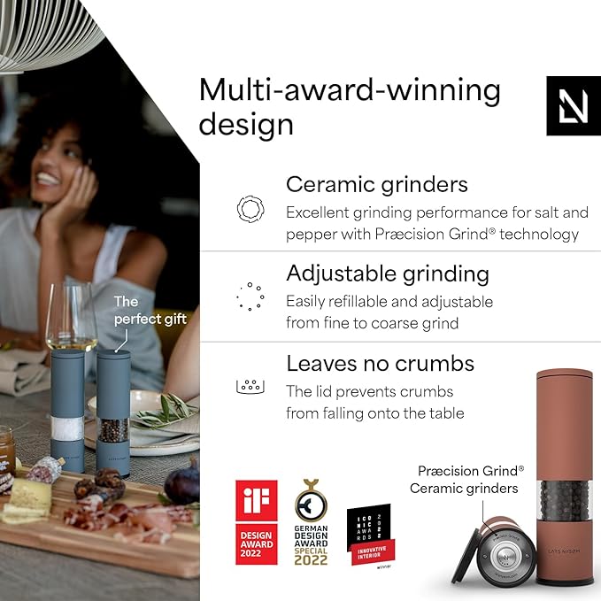 LARS NYSØM Salt and Pepper Grinder Set Manual, Stainless Steel Salt and Pepper Mills with Adjustable Ceramic Grinder I Design Spice Shakers (Brick Red)