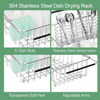 Dish Drainer Rack in Sink Adjustable, Expandable 304 Stainless Steel Metal Dish Drying Rack Organizer with Stainless Steel Utensil Holder Over Inside Sink Counter, Rustproof