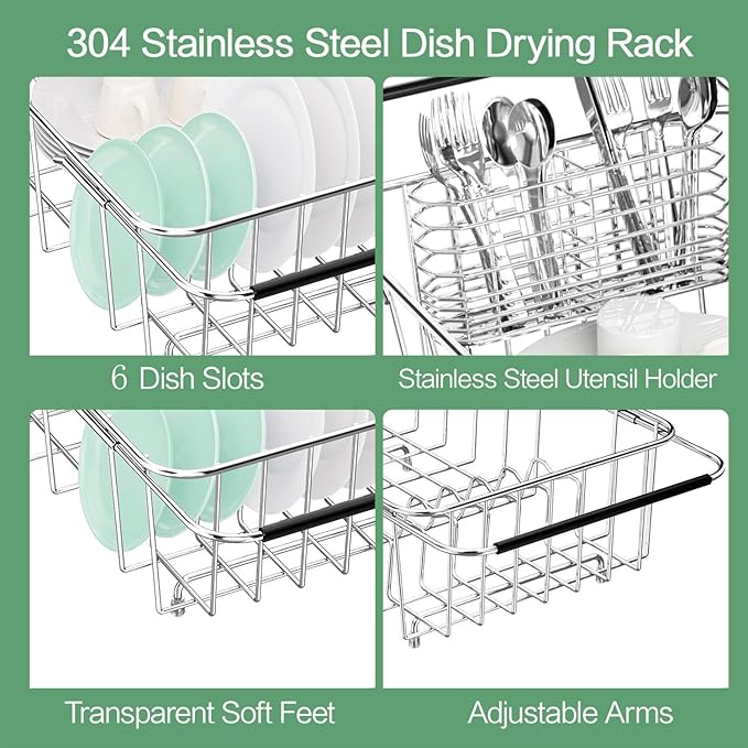 Dish Drainer Rack in Sink Adjustable, Expandable 304 Stainless Steel Metal Dish Drying Rack Organizer with Stainless Steel Utensil Holder Over Inside Sink Counter, Rustproof