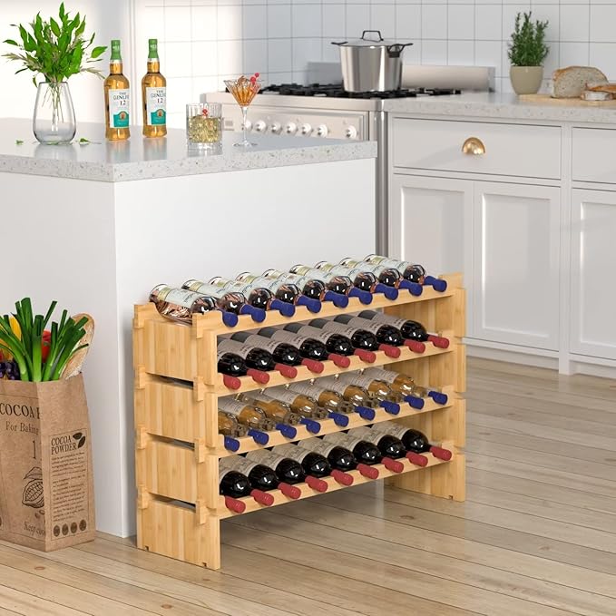 Domax Wine Rack Freestanding Floor - 36 Wine Bottle Holder, Large Stackable Wooden Storage Racks for Inside Cabinet and Countertop (Yellow)
