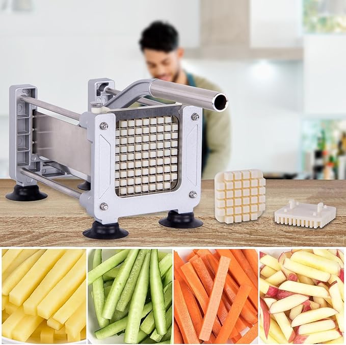 Rismonar French Fry Cutter Stainless Steel Potato Slicer With 1/2in 1/4in 3/8in Blade for Carrots Cucumbers Vegetables (Silver, Machine + 1/2 & 3/8)