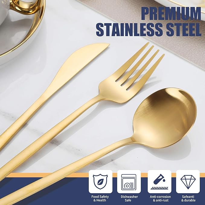 Matte Gold Silverware Set,30 Piece Stainless Steel Modern Flatware Set,Brushed Cutlery Set Service for 6,Satin Finish Utensils Set,Home Kitchen and Restaurant,Dishwasher Safe