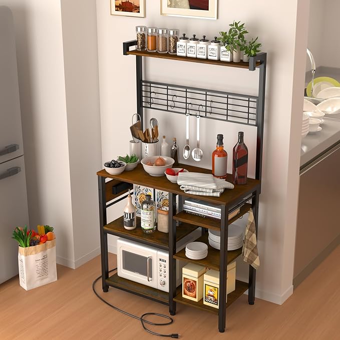 Large Bakers Rack with Power Outlet and Storage Space, 5-Tier Microwave Stand with Shelves, Multifunctional Kitchen Storage Rack with 7 Hooks,Coffee Bar Station, Rustic Brown