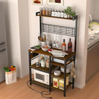Large Bakers Rack with Power Outlet and Storage Space, 5-Tier Microwave Stand with Shelves, Multifunctional Kitchen Storage Rack with 7 Hooks,Coffee Bar Station, Rustic Brown