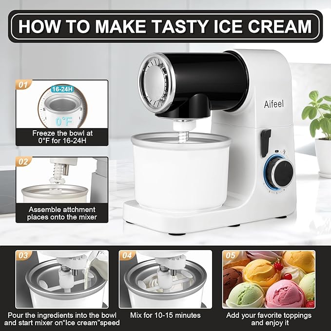 Aifeel Stand Mixer,6.5QT Mixer with 2QT Ice Cream Maker Bowl, Kitchen Electric Mixer Multifunctional Bread Dough Mixer with Dough Hook,Whisk & Beater, Food Mixer for Baking (Black-White)