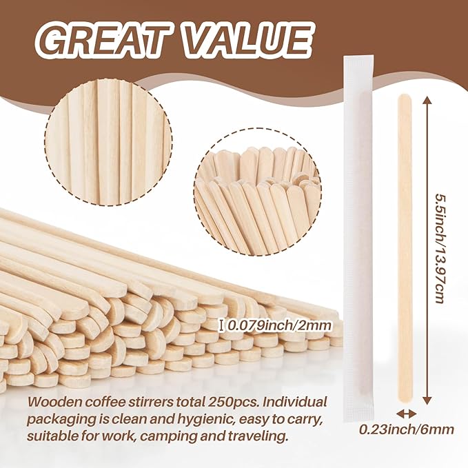 MAQIHAN 250PCS Individually Wrapped Wooden Coffee Stirrers - 5.5 Inch Biodegradable Beverage Stir Sticks for Hot & Cold Drinks, Eco-Friendly Disposable Coffee Sticks for Office, Home, Café