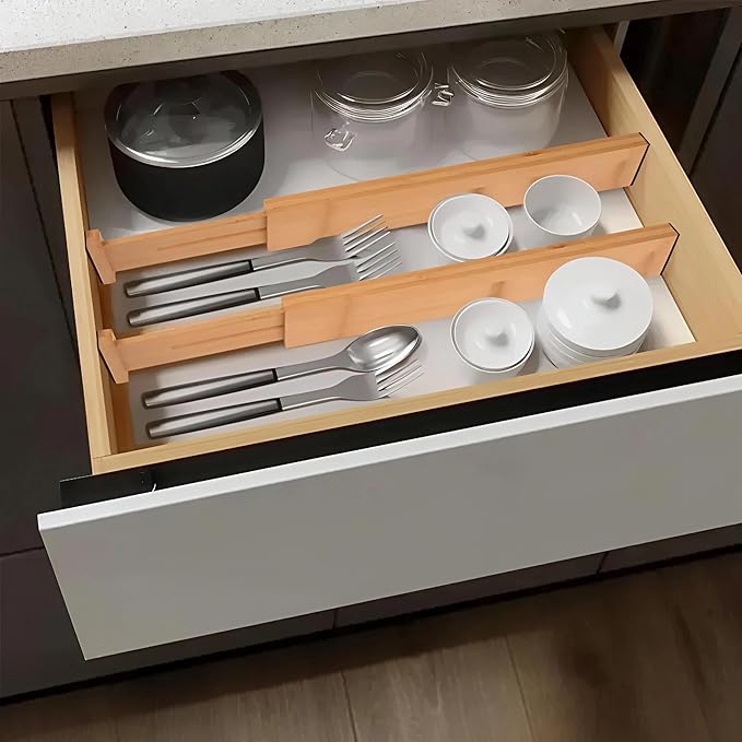 Adjustable Bamboo Drawer Dividers 17"-21", Speaid Safety 4-Pack, Drawer Dividers Kitchen With Cushioning Pads (4)