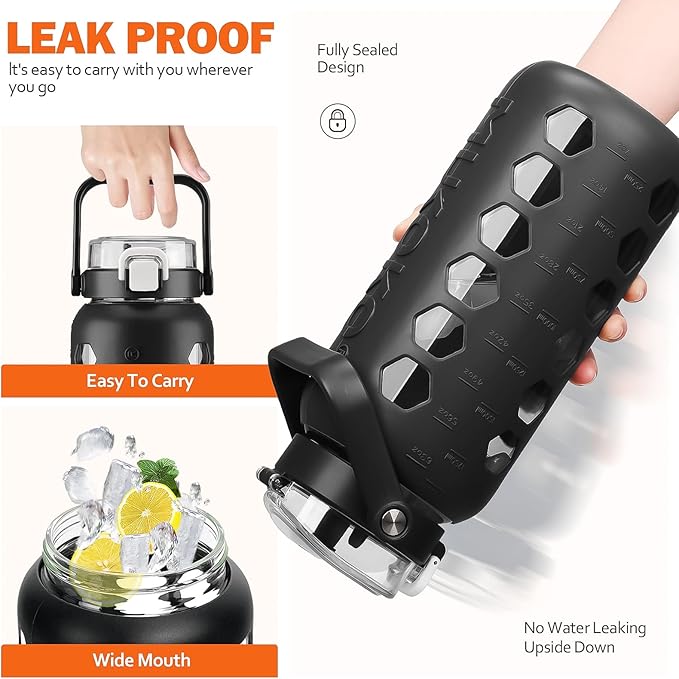 MUKOKO Half Gallon/64 oz Glass Water Bottles with Straw and Lid,Motivational Water Jug with Time Marker Reminder and Silicone Sleeve,100% Leakproof BPA Free Fitness Sports Large Bottle-Black