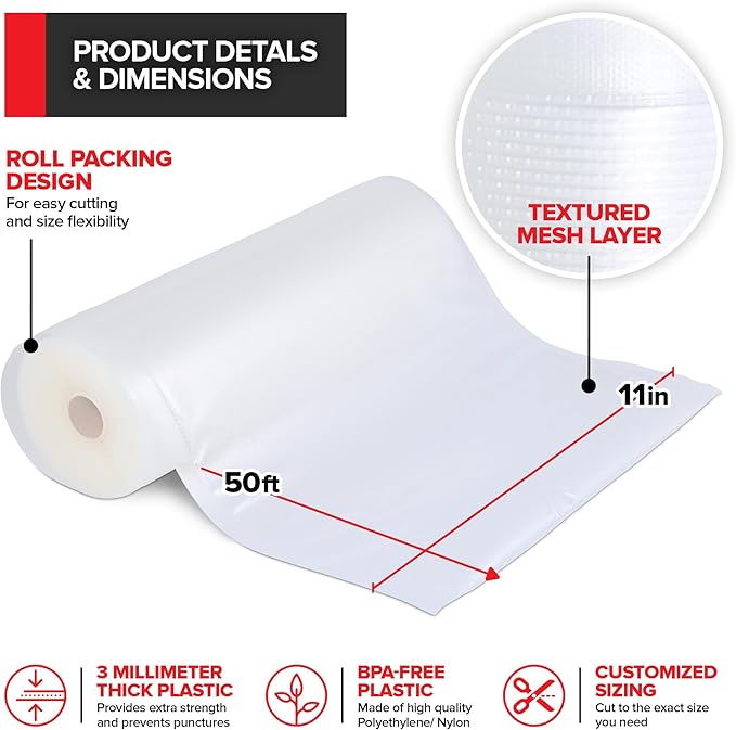11" x 50' Vacuum Seal Bags Rolls (2 Pack), Vacuum Seal Bags for Food Saver, Freezer, Microwave, and Boil Safe Vacuum Sealer Bags Rolls