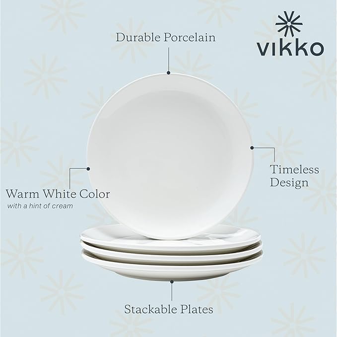 Vikko Dinner Plate, Set of 6 White Plates, 9 Inch Ceramic Dinner Plates Set, Stackable Dinner Plates for Every Day and Special Occasion, Restaurant Style, Dishwasher Safe, Microwave Safe
