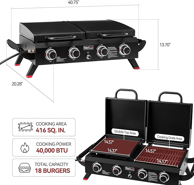 Royal Gourmet GD4002TP 4 Burner Propane Gas Grill and Griddle Combo with Hood, 2-in-1 Portable Grill Griddle Combo with 40,000 BTUs Output for Camping, Tailgating, Backyard, Black