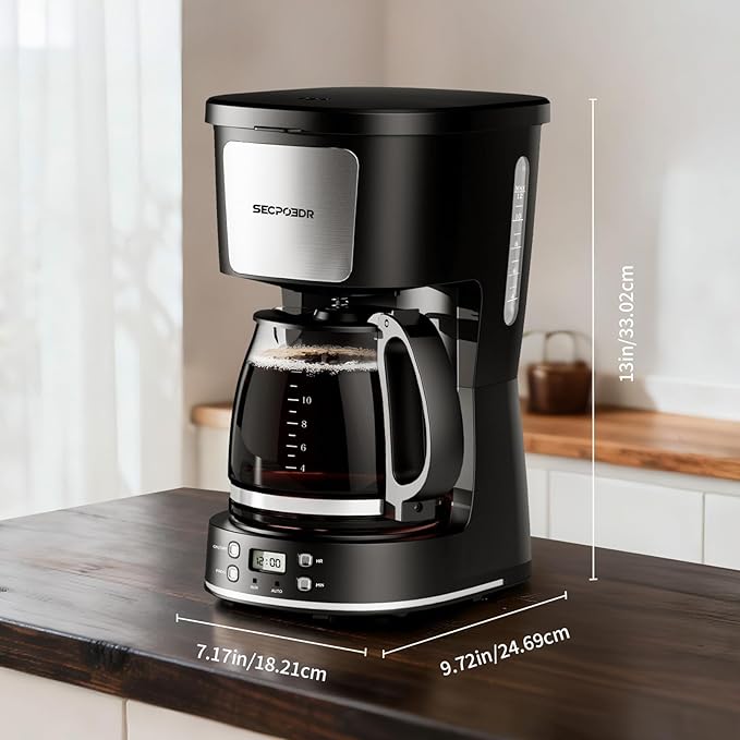 12-Cup Drip Coffee Maker with Reusable Filter,Programmable Clock,Auto Brew,Water Window,Keep Hot Plate,Glass Carafe,Compact Design for Kitchen,Office,Silver and Black,Stainless Steel