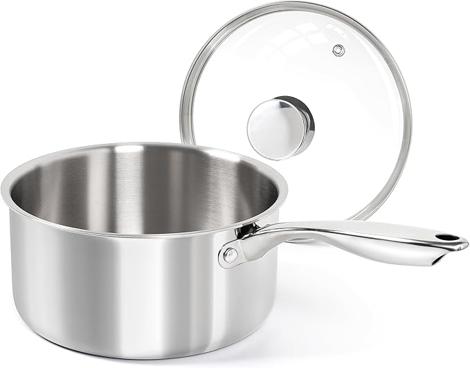 MICHELANGELO 3 Qt Saucepan with Lid, 3-ply Stainless Steel Sauce Pan, No Coating, Even Heating, for All Cooktops & Induction Compatible - Silver