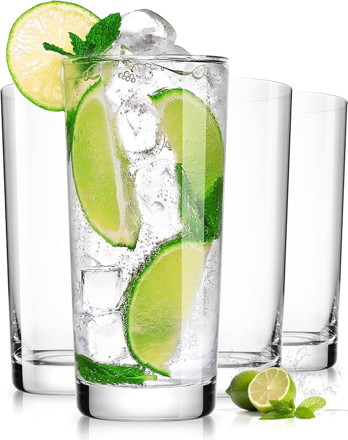 Drinking Water Glasses Set of 4, 15.5oz Highball Glasses, Lead-Free Crystal Glassware with Unique Wide Mouth, Thoughtful Gifts for House Warming, Birthdays, Everyday Life