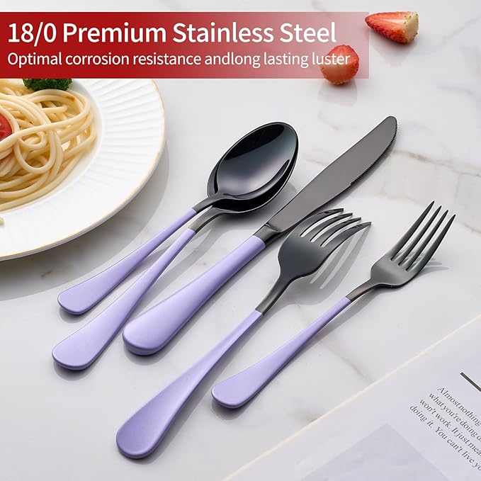 20-Pieces Purple and Black Silverware Sets for 4,Purple Handle Stainless Steel Cutlery Set, Include Forks Spoons and Knives Set, Dishwasher Safe Utensil Sets for Home Restaurant