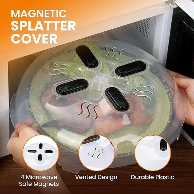 Magnetic Splatter Cover, 12-Inch Clear BPA-Free Food Lid, Vented Plate Guard with Steam Vents, Anti-Splash Microwave Lid, Dishwasher Safe, Space-Saving Magnetic Storage - Onyx Black