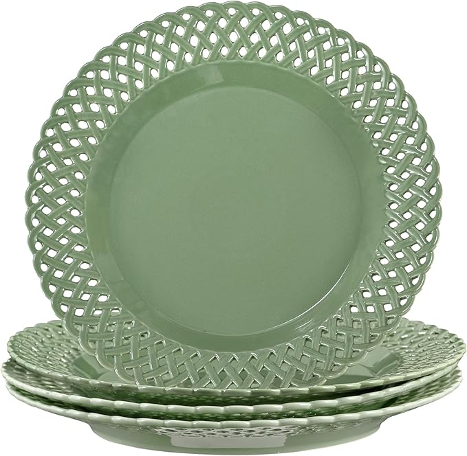 Graceful Basketweave Wide Rim 12 inch Dinner Plates, Extra Large Round Platter Scallop Serving Tray Set of 4, for Restaurant, Kitchen, Party, Home, Wedding, Gift, Microwave Dishwasher Safe, Sage Green